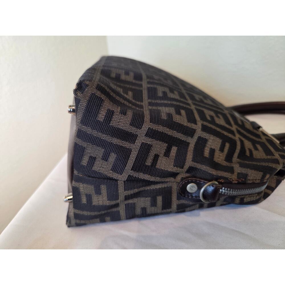 Fendi Zucca Canvas Brown Leather Trim Satchel Bag Silver Hardware Tote Vintage - Picture 6 of 16
